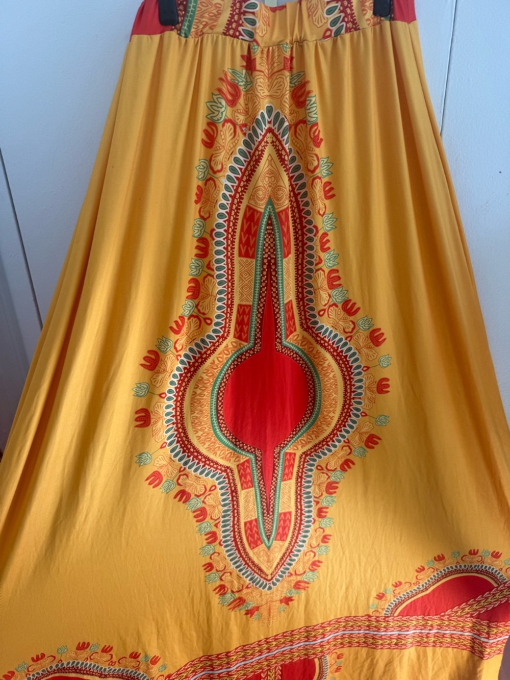 Vibrant Mustard Yellow Maxi Skirt with Red & Green Dashiki-Inspired Print